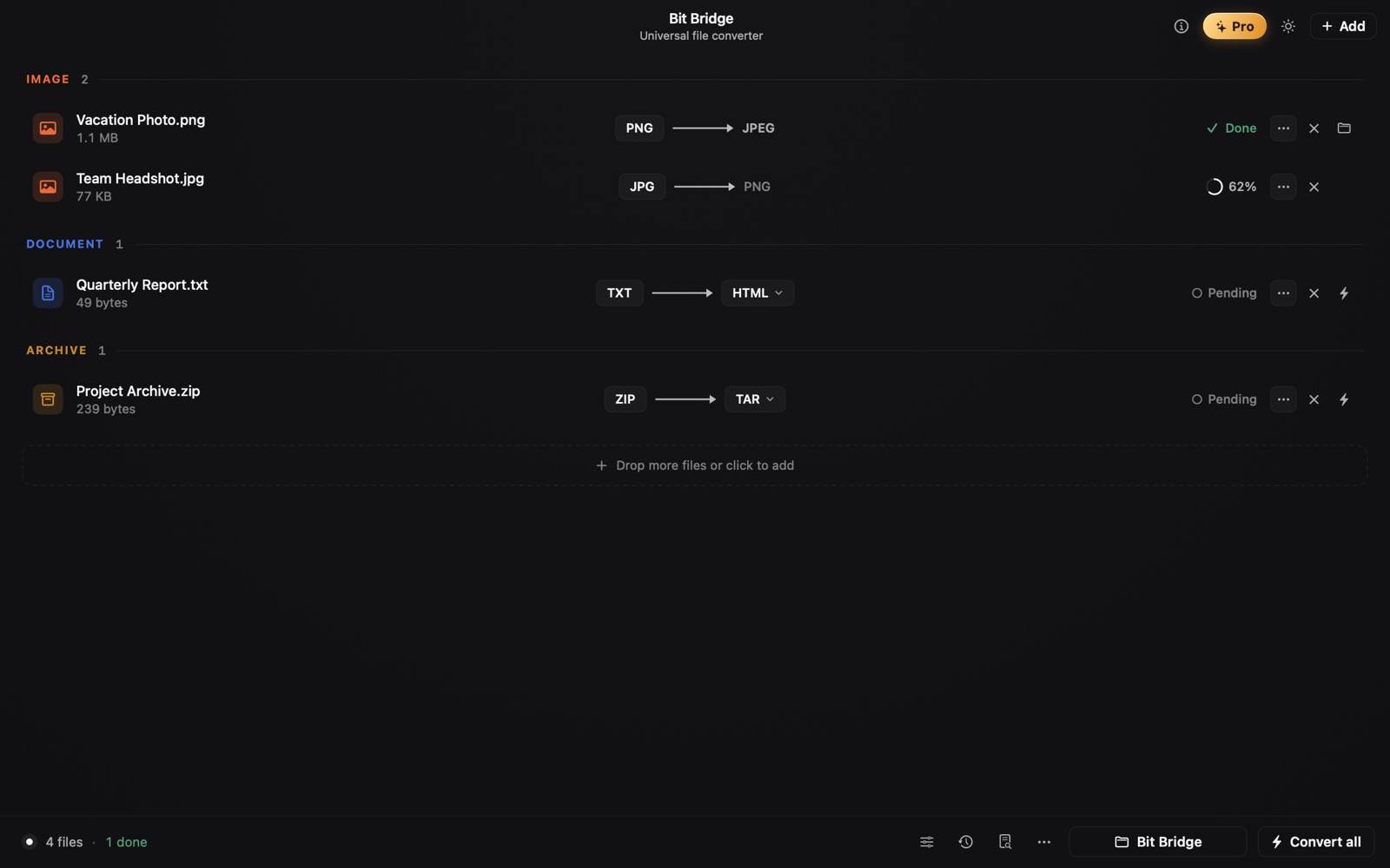 A queue of files mid-conversion in dark mode