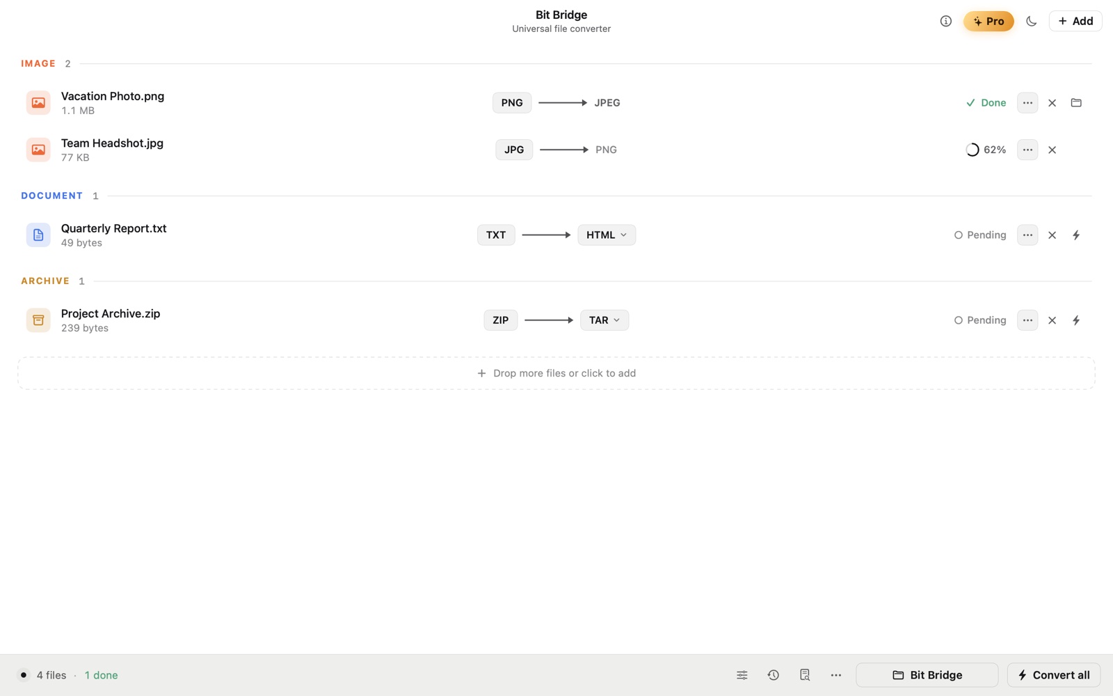 A queue of files mid-conversion in light mode